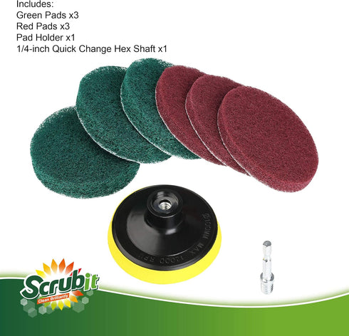 SCRUBIT Heavy Duty Drill Brush Power Scouring Pads, Household Cleaning Kit Includes Drill Attachment, 3 Red, 3 Stiff