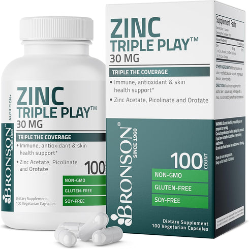 Bronson Zinc Triple Play 30 mg Immune Support Supplement with Zinc Acetate, Picolinate & Orotate - 100 Vegetarian