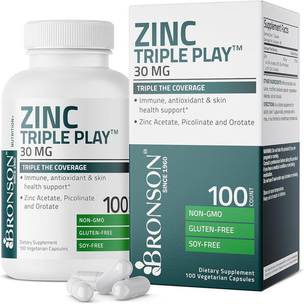 Bronson Zinc Triple Play 30 mg Immune Support Supplement with Zinc Acetate, Picolinate & Orotate - 100 Vegetarian