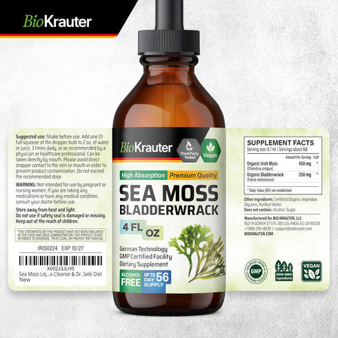 BIO KRAUTER Irish Sea Moss Drops - Vegan Immune Support Supplement with Bladderwrack, Alcohol & Sugar Free, 4 Fl.Oz.