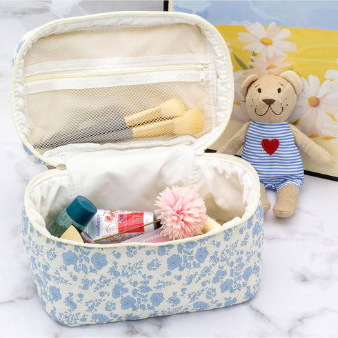 PAZIMIIK Cotton Makeup Bag for Women, Large Quilted Travel Cosmetic Case, Little Flower Blue