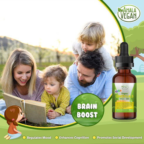 Omega 3 for Kids - Organic Vegan Liquid Supplement, Kids Fish Oil with DHA, EPA, DPA - Plant Based Algae Oil, 30-60