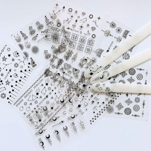 NAIL ANGEL 24 Sheets Nail Art Black Sticker, Moon and Star Universal Flower Shapes