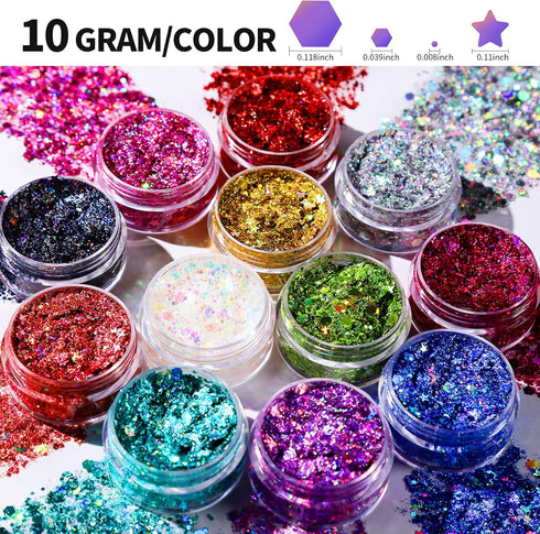 Teenitor Face Glitter, 12 Colors Body and Face Glitter Gel, Star Glitter for Hair, 10g/Color