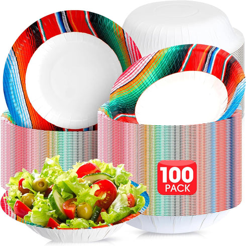 Domensi 16 oz Mexican Serape Paper Bowls, Cinco De Mayo Fiesta Stripes, Disposable Soup Bowls, 100 Pcs