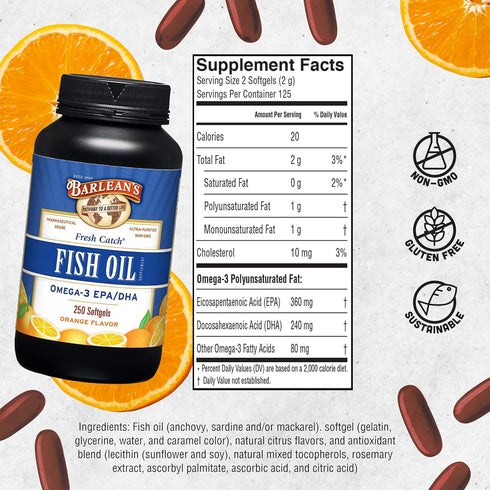 Barlean's Omega 3 Fish Oil Supplements, 600mg Fish Oil Pills, Softgels for Joint, Brain, Heart Health, 250 Count