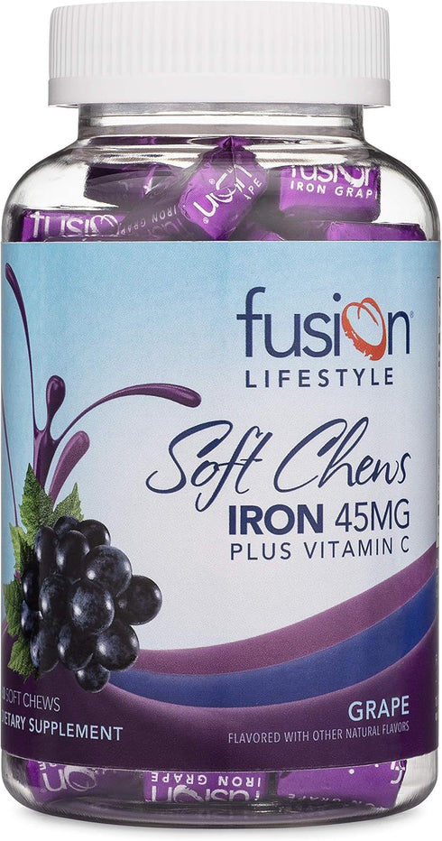 Iron Supplement for Women and Men, Grape Flavored Soft Chew with Vitamin C, 60 Count, 2 Month Supply