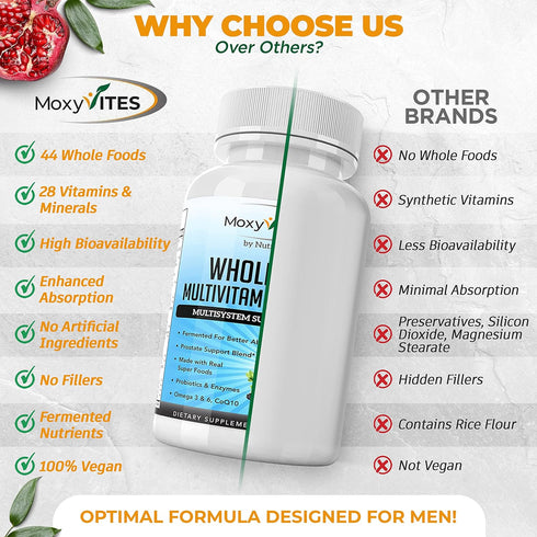 Mens Multivitamins - Daily Vegan Vitamins for Men with Iron, Probiotics, B-Complex, 44 Organic Whole Food