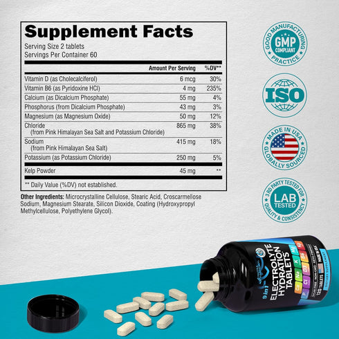 Electrolytes - Salt Pills with Magnesium, Potassium Chloride, Sodium, Vitamins D & B6, Kelp Powder - Electrolyte Supplements - Made in USA - Oral Tablets as Capsules - Vegan & Keto Friendly - 120 Tabs