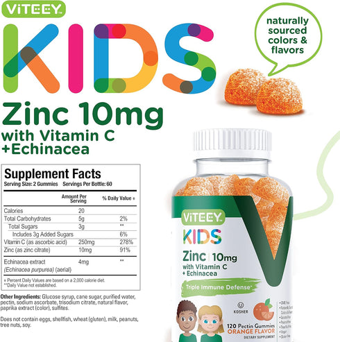 Zinc for Kids Gummies 10mg, with Vitamin C & Echinacea - Immune Support, Chewable Orange Flavor