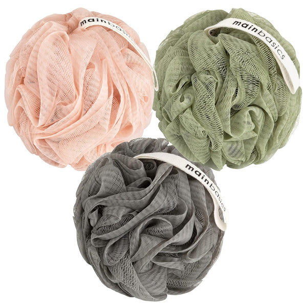 MainBasics Bath Shower Loofah Sponge Pouf, Body Scrubber Exfoliator, Set of 3, Earthy Love