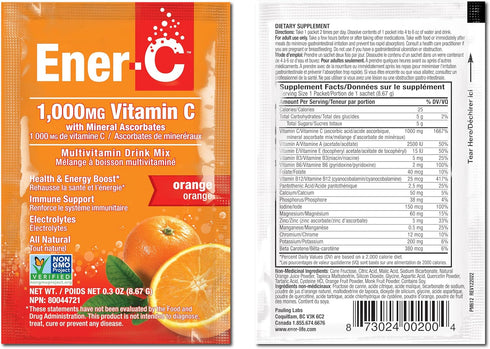 Ener-C Orange Multivitamin Drink Mix Powder - 1000mg Vitamin C & Electrolytes, Natural Energy & Immune Support - 30