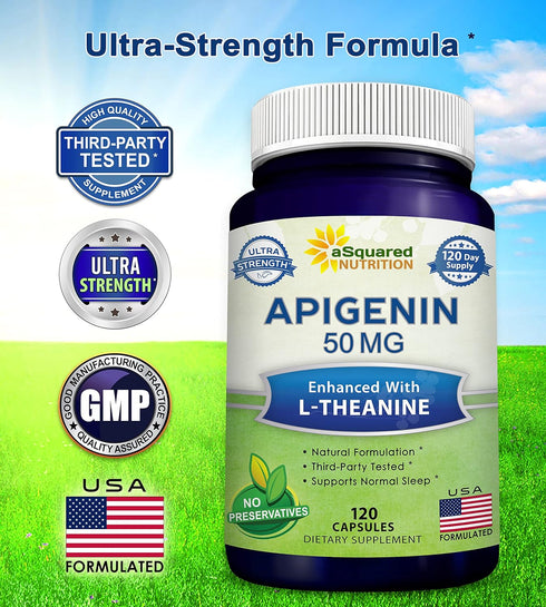 aSquared Nutrition Apigenin 50mg & L-Theanine 200mg - 120 Capsules for Sleep and Relaxation