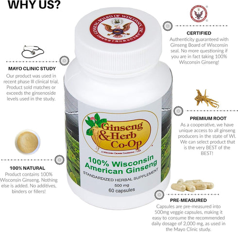 100% Pure Wisconsin American Ginseng Capsules - 500mg Authentic Panax Quinquefolius, No Fillers or Additives