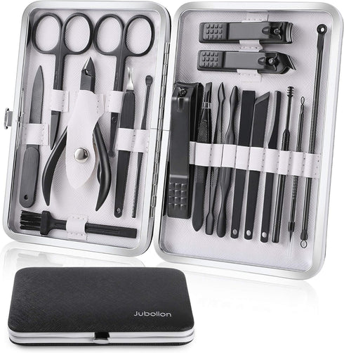 Manicure Set - Jubolion 19pcs Stainless Steel Nail Clippers Pedicure Kit with Black Leather Case