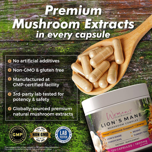 Immune (120 Women's PureBalance Lion's Mane Mushroom Supplement Capsules with Reishi, Cordyceps, Turkey Tail Brain
