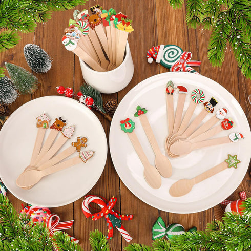RunNico 40 5.6'' 20 Pcs Christmas Hot Chocolate Wooden Spoons, Christmas Disposable Stirring Spoons with Styles Top