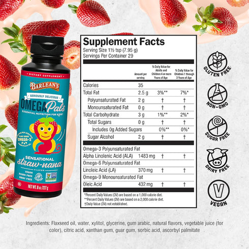 Barlean's Omega Pals Omega 3 for Kids - Yummy Straw-Nana Flavored Liquid Flax Seed Oil Supplement, 8 oz