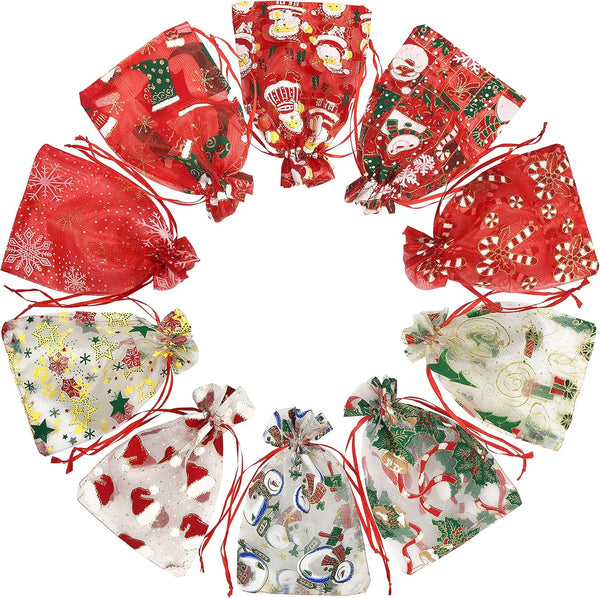 24PCS Christmas Organza Gift Bags - 4X6 with Drawstring, 11 Mix Pattern Small Goodie Candy Party Favor Xmas Bags
