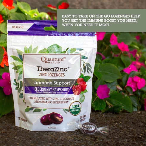 Quantum Health TheraZinc Organic Zinc Lozenges | Elderberry, Sambucus, Raspberry & Honey | Immune Support, 18 Count