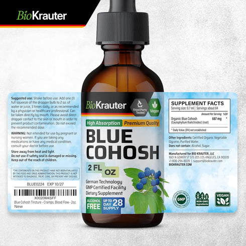 BIO KRAUTER Blue Cohosh Tincture - Caulophyllum Thalictroides Extract for Women’s Health Support, 2 Fl.Oz.