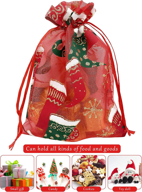 24PCS Christmas Organza Gift Bags - 4X6 with Drawstring, 11 Mix Pattern Small Goodie Candy Party Favor Xmas Bags