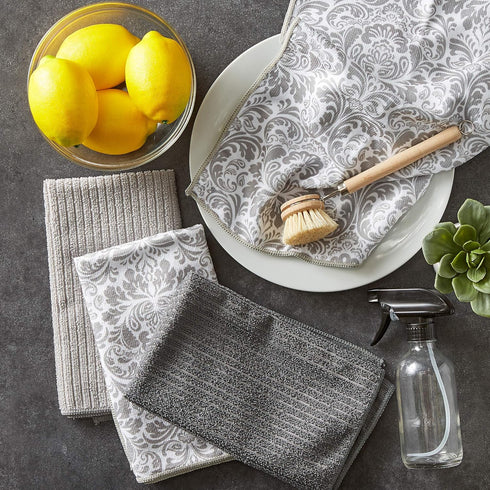 DII Cleaning Collection Multi-Purpose Microfiber Dishtowel Set, Gray Damask