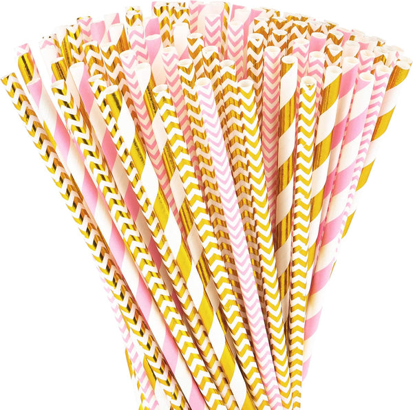 Paper Straws 200 Pack, Biodegradable Gold and Pink Striped Design, 8.25" for Parties