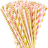 Paper Straws 200 Pack, Biodegradable Gold and Pink Striped Design, 8.25" for Parties