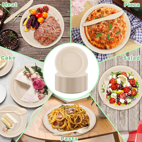 250 PCS Compostable Paper Plates Set, Sugarcane Utensils, Disposable Dinnerware Set, Eco Friendly Plates for Party