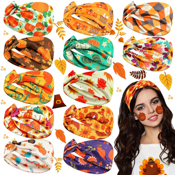 Waydress 12 Pcs Fall Nurse Headbands, Stretchy Breathable Hair Accessories for Women, Pumpkin Maple Leaf