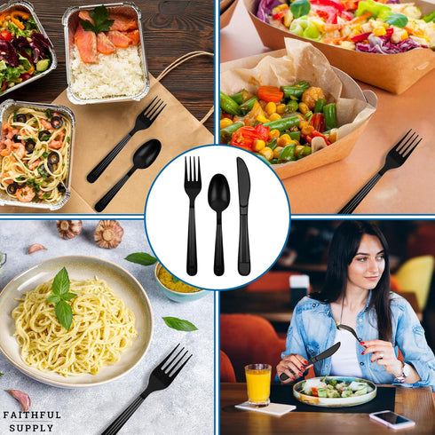 50 ct Black Plastic Utensils Set, Heavy Duty Disposable Cutlery Pack with Wrapped Napkin and Salt/Pepper