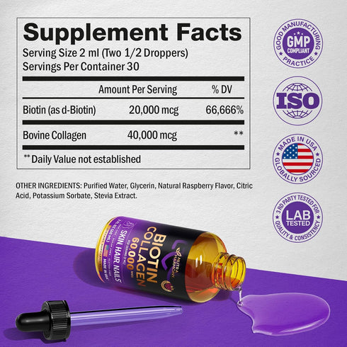 Liquid Biotin & Collagen - Vitamins for Hair Growth Support for Women & Men - Extra Strength 60000 mcg Drops - B7 Supplement - Strong Nails & Healthy Skin - 98% Faster Absorption Than Pills