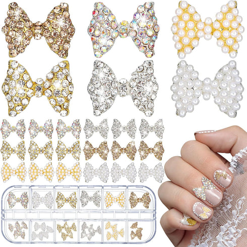 Maitys 24 Pieces Nail Bows Charms, Rhinestones 3D Charms Alloy Pearl Bow Knot Accessory for Women DIY Valentine Salon