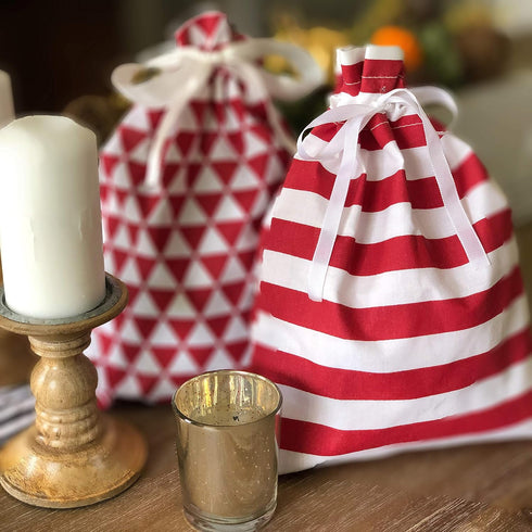 100% Cotton Gift Bags, Standard Set, Red, Set of 5 bags: three 16"x12" and two 10"x8"