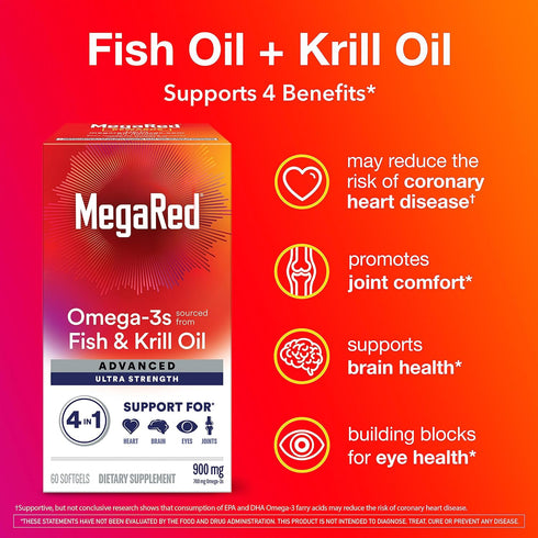 Omega-3 900mg 4in1, 60 2x Omega-3, 60 Count Megared Fish & Krill Oil Supplement - MegaRed Advanced softgels, More