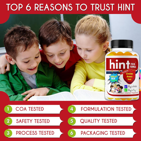 Hint Brain Memory Supplements for Kids & Teens, Omega 3 Vitamins, Low Sugar 60 Gummies for Focus & Eye Support