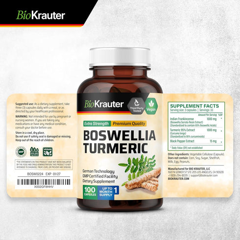 BIO KRAUTER Turmeric Supplement with Boswellia Extract Capsules - 2000 mg Blend, 100 Count, Vegan Formula