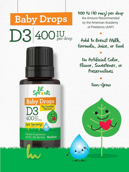Carlyle Baby Vitamin D3 400 IU Liquid Drops, .31oz (9.2 mL), 1 Year Supply (365 Servings), Vegetarian, Non-GMO