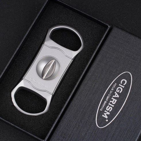 V-Cut Cigar Cutter - Stainless Steel Blade, Up to 60+ Ring Gauge in Leather Gift Case (Silver)
