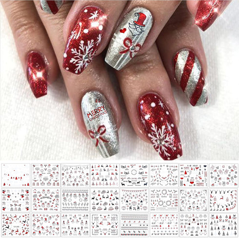 TailaiMei 24 Sheets 3D Christmas Nail Art Stickers Decals, Self-Adhesive Glitter Nail Decorations for Santa Claus