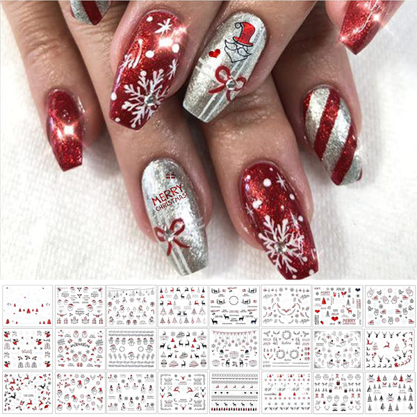 TailaiMei 24 Sheets 3D Christmas Nail Art Stickers Decals, Self-Adhesive Glitter Nail Decorations for Santa Claus