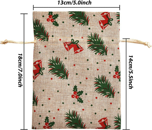 XCFWin 12 Pack Christmas Gift Bags with Drawstring, Reusable Designs for Christmas Party Supplies (Pine Branch, 13 *