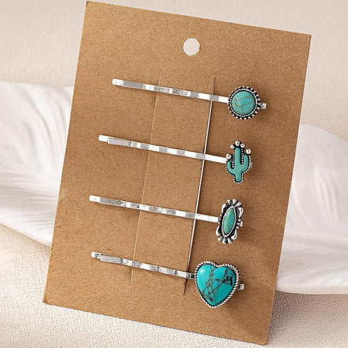 Western Style Hair Bobby Pins, 4 Pcs Women's Turquoise Howlite Stone Hair Clip Cowgirl Chic Retro Accessories