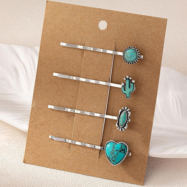 Western Style Hair Bobby Pins, 4 Pcs Women's Turquoise Howlite Stone Hair Clip Cowgirl Chic Retro Accessories