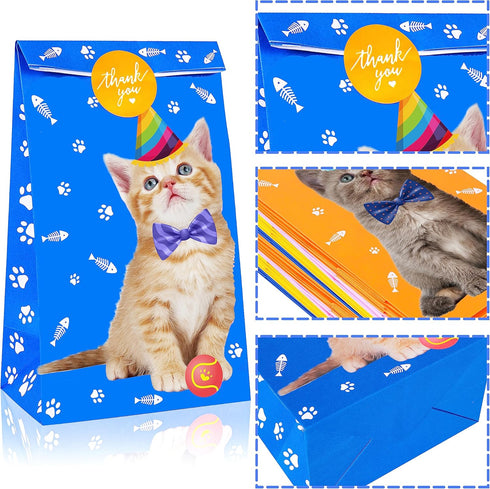 Cat Gift Bags Kitten Paper Goodie Bags, 12PCS for Kids Birthday, Pet Adoption, Cat Theme Party Supplies