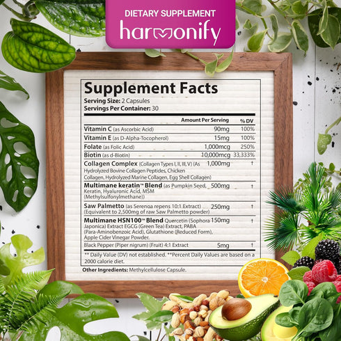Collagen Biotin Keratin Saw Palmetto Hyaluronic Acid Complex Supplement with Vitamin E, Folic Acid, Pumpkin Seed, and