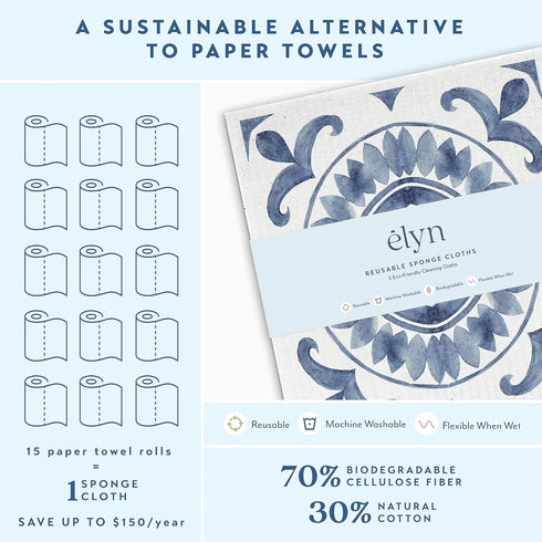 ELYN 5 Pack Swedish Dishcloths, Assorted Moroccan Pattern, Reusable & Washable Sponge Cloths for Kitchen Cleaning