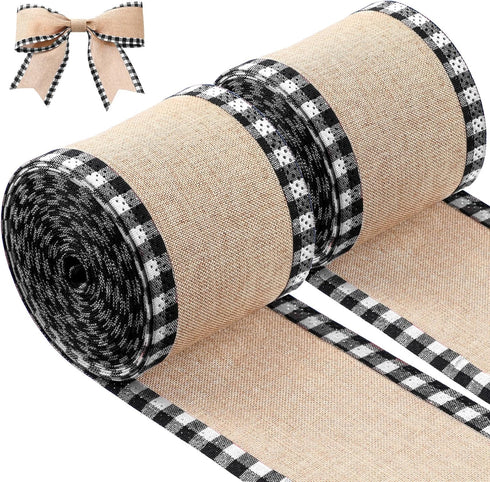 2 Rolls Christmas Buffalo Plaid Wired Edge Ribbons, 216 Inch Craft Wrapping Ribbon, Black and White