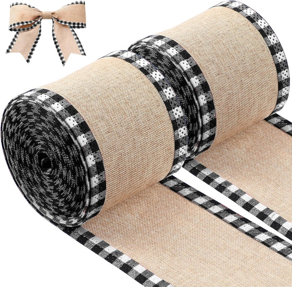 2 Rolls Christmas Buffalo Plaid Wired Edge Ribbons, 216 Inch Craft Wrapping Ribbon, Black and White